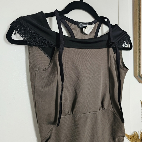 Plastik Wrap Goth Military Olive Green Minidress W/ Black Lace - Picture 2 of 11